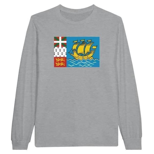 T-shirt - Flagga för Saint-Pierre-et-Miquelon - Grå - 100% bomull - Långa ärmar - Klassisk passform