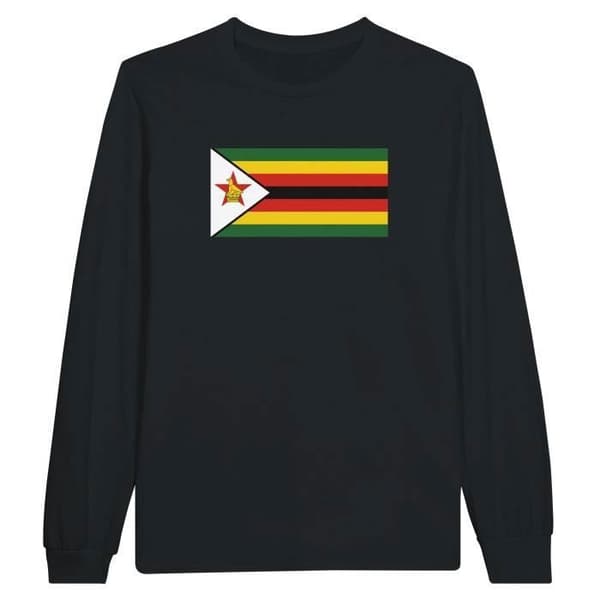 T-shirt med långa ärmar - PIXELFORMA - Zimbabwe flagga - Svart - Klassisk krage - 100% bomull