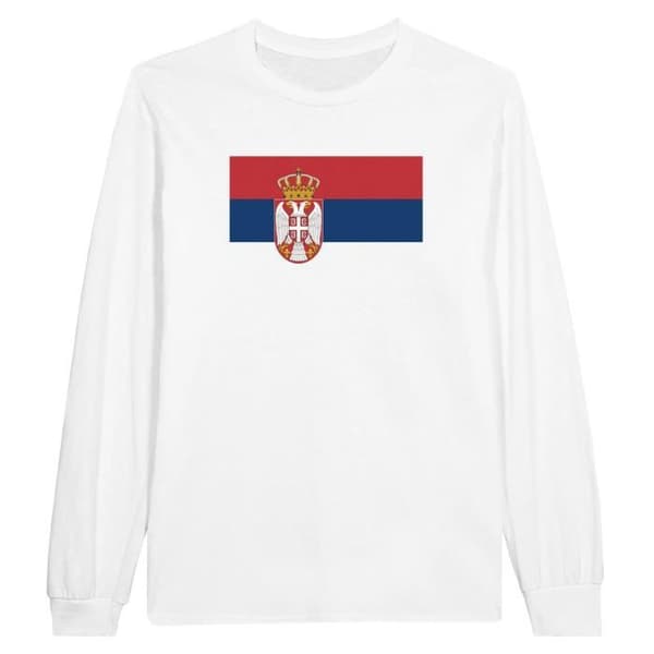 PIXELFORMA Långärmad T-shirt - Serbien Flagga - Vit - Vanlig - Klassisk krage
