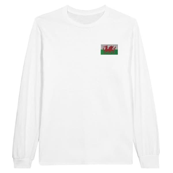 T-shirt med långa ärmar - Wales flagga - Vit - 100% bomull - Klassisk passform - Unisex