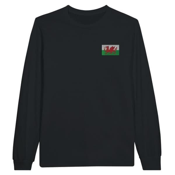Wales Flag Brodery Långärmad T-shirt i Svart