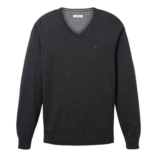 T-shirt i bomull - TOM TAILOR - Mörkgrå - V-ringning - Rak passform - Långa ärmar
