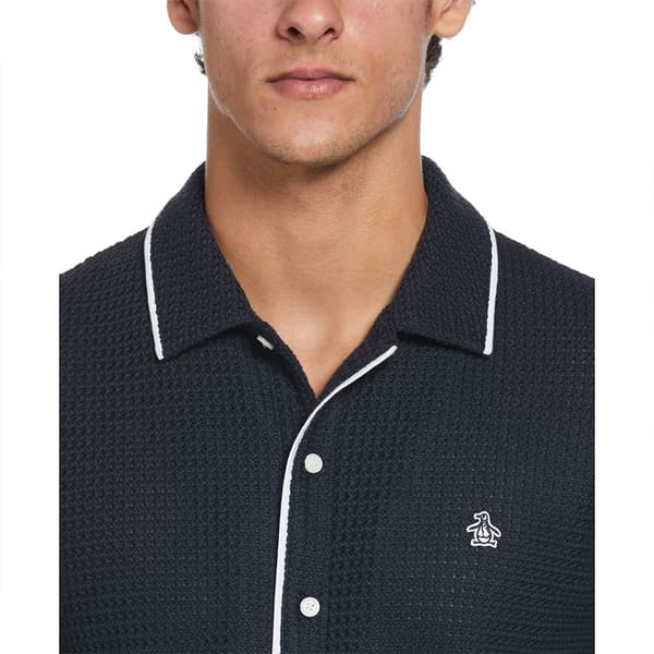 Original Penguin Button Front Textured Earl Kortærmet Skjorte Blå L Mand
