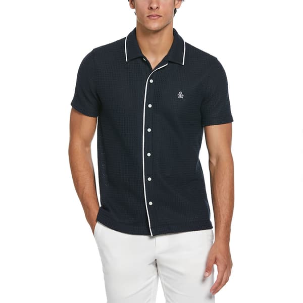 Original Penguin Button Front Textured Earl Kortærmet Skjorte Blå L Mand