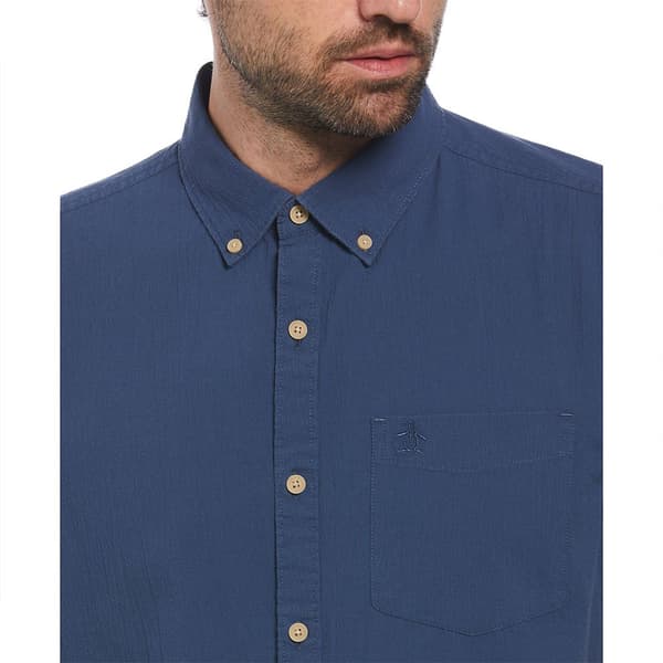 Original Penguin Crinkle Yarn Solid Kortärmad Skjorta Blå M Man