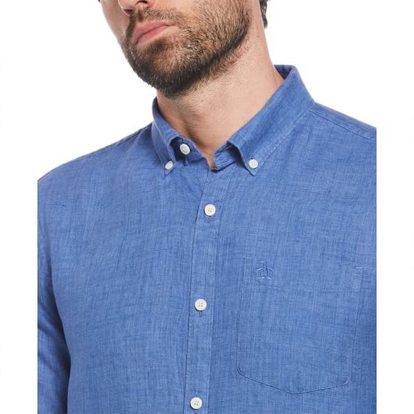 Original Penguin Delave Linen With Pocket Skjorte Med Lange ærmer Blå M Mand