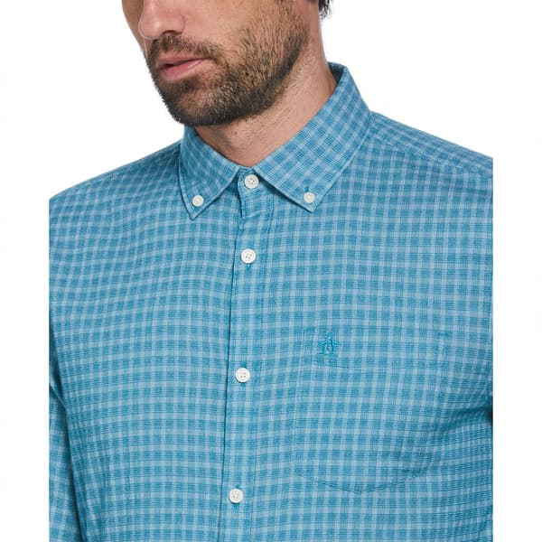 Original Penguin Text Dobby Plaid Skjorte Med Lange ærmer Blå M Mand