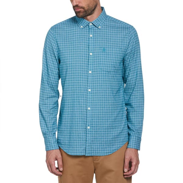 Original Penguin Text Dobby Plaid Skjorte Med Lange ærmer Blå M Mand