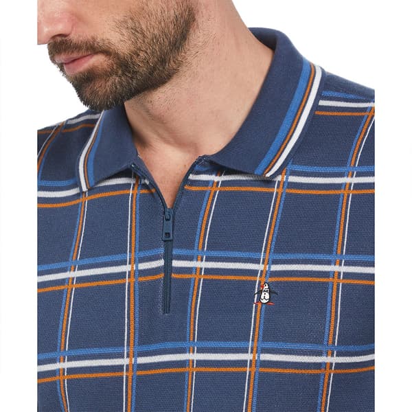 Original Penguin 1/4 Zip Plaid Kortärmad Polotröja Blå XL Man