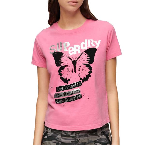 Superdry Indigo Workwear Cap Lo-fi Rock Graphic Fitted T-shirt Med Korta ärmar Rosa L Kvinna