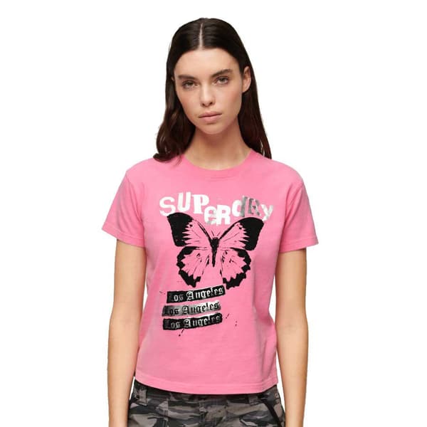 Superdry Indigo Workwear Cap Lo-fi Rock Graphic Fitted T-shirt Med Korta ärmar Rosa L Kvinna