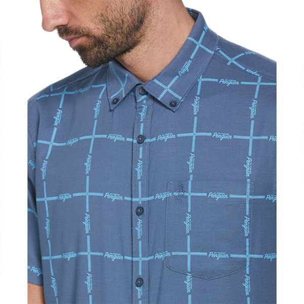 Original Penguin Tencel Aop Grid Logo Kortärmad Skjorta Blå L Man