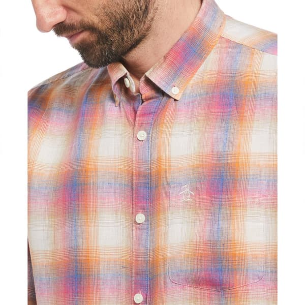 Original Penguin Delave Linen Ao Plaid Kortärmad Skjorta Orange XL Man