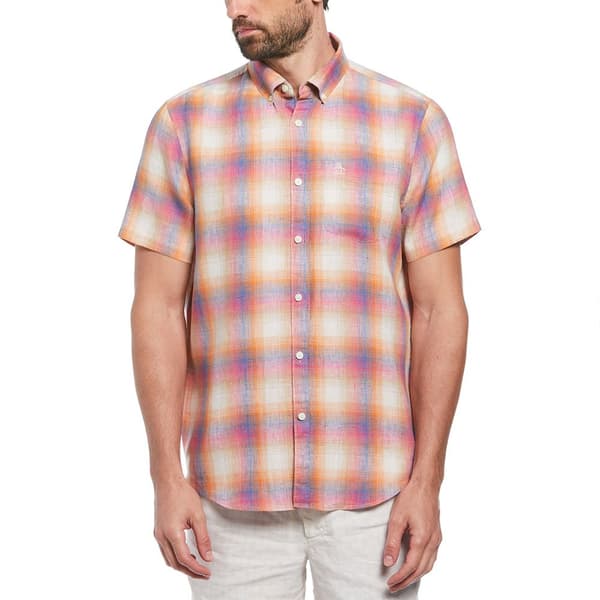 Original Penguin Delave Linen Ao Plaid Kortärmad Skjorta Orange XL Man