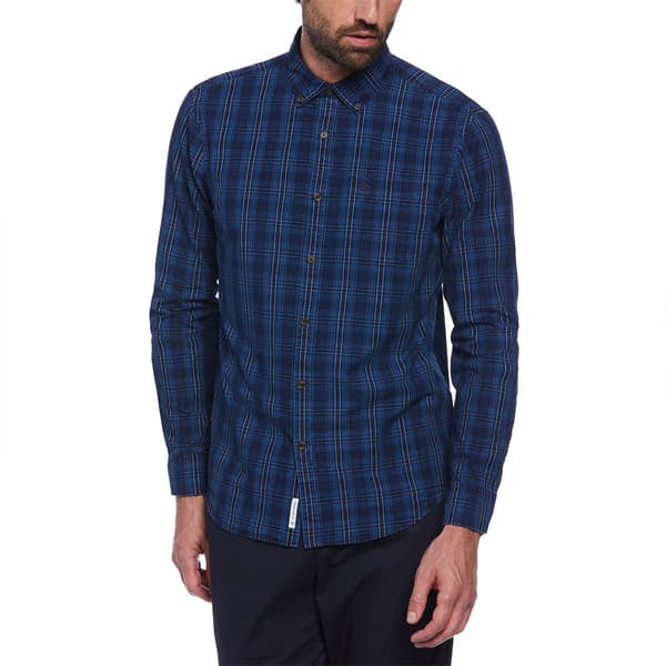 Original Penguin Cotton Indigo Plaid Skjorte Med Lange ærmer Blå M Mand