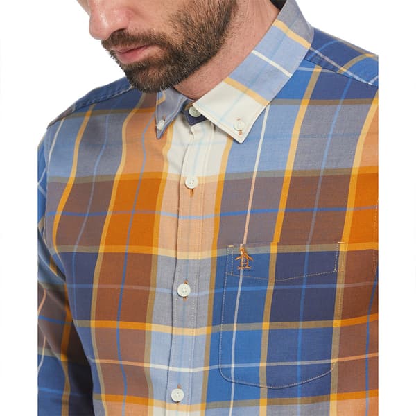 Original Penguin Blend Stretch Plaid Skjorte Med Lange ærmer Brun,Blå S Mand