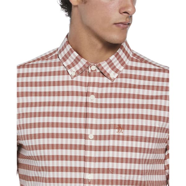 Original Penguin Eco Chambray Stretch Plaid Skjorte Med Lange ærmer Rød S Mand