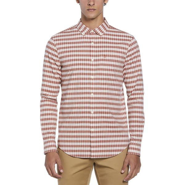Original Penguin Eco Chambray Stretch Plaid Skjorte Med Lange ærmer Rød S Mand