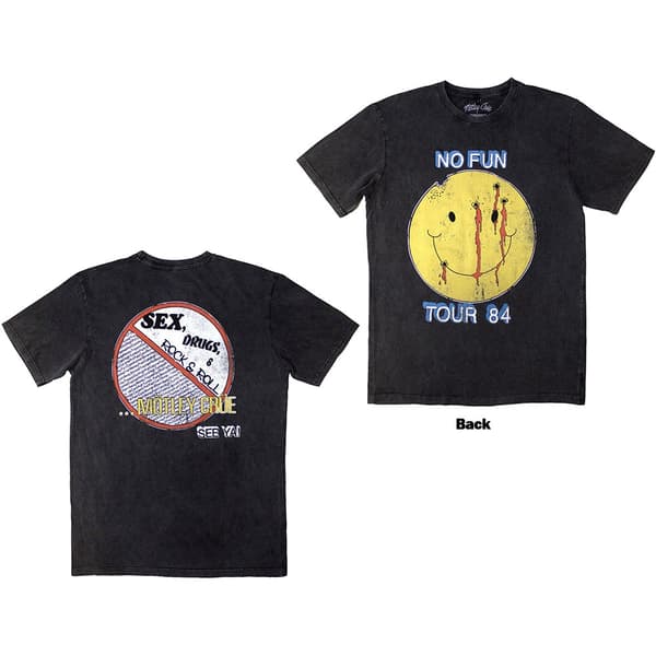 Motley Crue Unisex Stone Wash T-Shirt: No Fun Tour '84 (Back Print) (Medium)