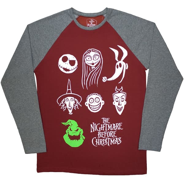 The Nightmare Before Christmas Unisex Raglan T-Shirt: Stacked Faces (Embellished) (Large)