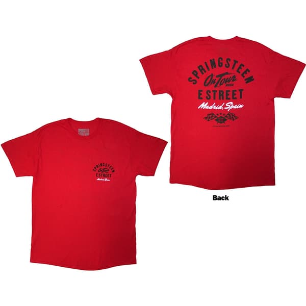Bruce Springsteen Unisex T-Shirt: Tour '24 Madrid Event (Red) (Back Print & Ex-Tour) (Large)