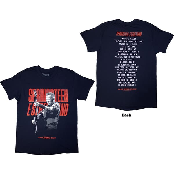 Bruce Springsteen Unisex T-Shirt: Tour '24 Guitar Photo (Navy Blue) (Back Print & Ex-Tour) (Medium)