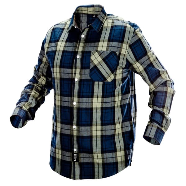 Marineblå, olivengrøn og sort flannelskjorte, størrelse M