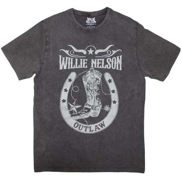 Willie Nelson Unisex Stone Wash T-Shirt: Outlaw (Charcoal Grey) (Small)