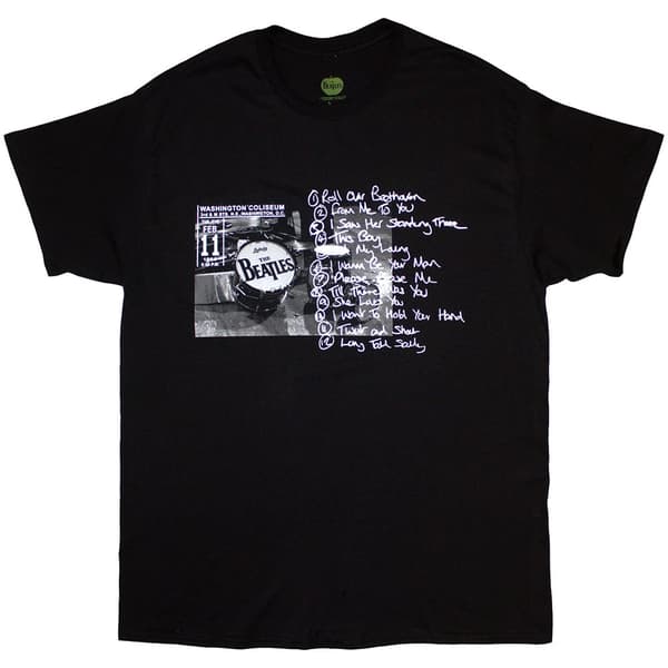 The Beatles Unisex T-Shirt: Washington '64 Drum Photo & Setlist (Black) (Large)