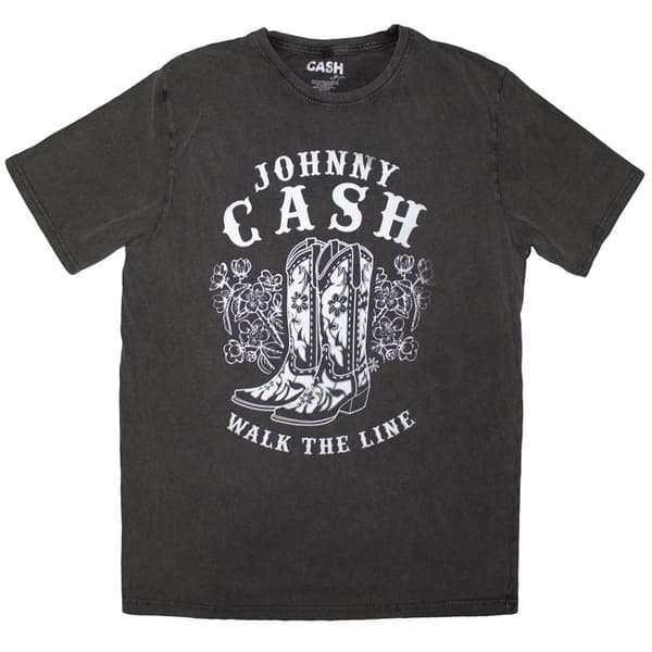 Johnny Cash Unisex Stone Wash T-Shirt: Walk The Line Boots (Charcoal Grey) (Large)