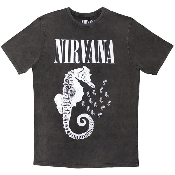 Nirvana Unisex Stone Wash T-Shirt: Seahorse & Logo Mono (Charcoal Grey) (Medium)