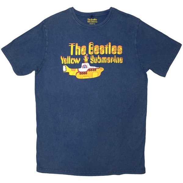 The Beatles Unisex Stone Wash T-Shirt: Logo & Sub (Denim Blue) (Large)