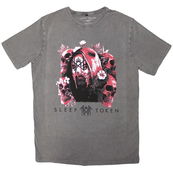 Sleep Token Unisex Stone Wash T-Shirt: Skulls & Flowers (Grey) (XX-Large)