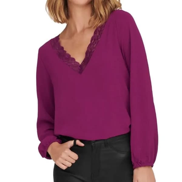Blus för kvinnor Fuchsia JDY Claudia - V-ringning med spets - Långa ärmar - 100% polyester