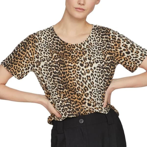 T-shirt Dam Vila Mooney - Beige Leopard - Korta Ärmar - Stretchmaterial