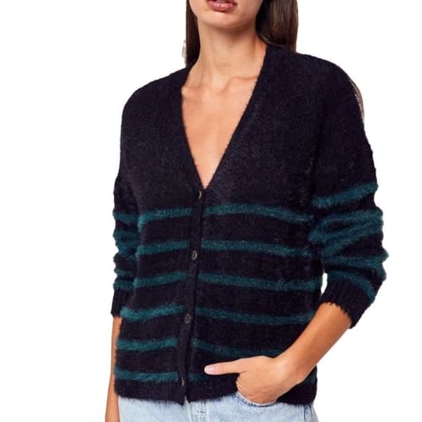 Gilet Dam Svart/Grön med Ränder - PIECES - Jana - Långa Ärmar - V-Hals - Knäppning