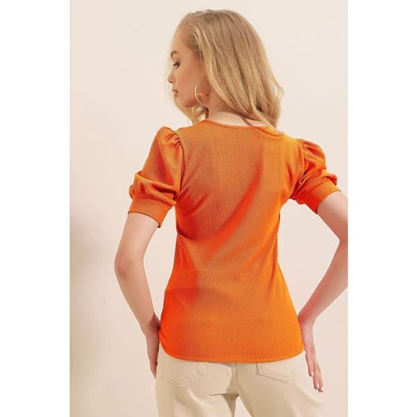 Blus - Kvinna - Orange - Fyrkantig hals - Korta ärmar - Storlek 38
