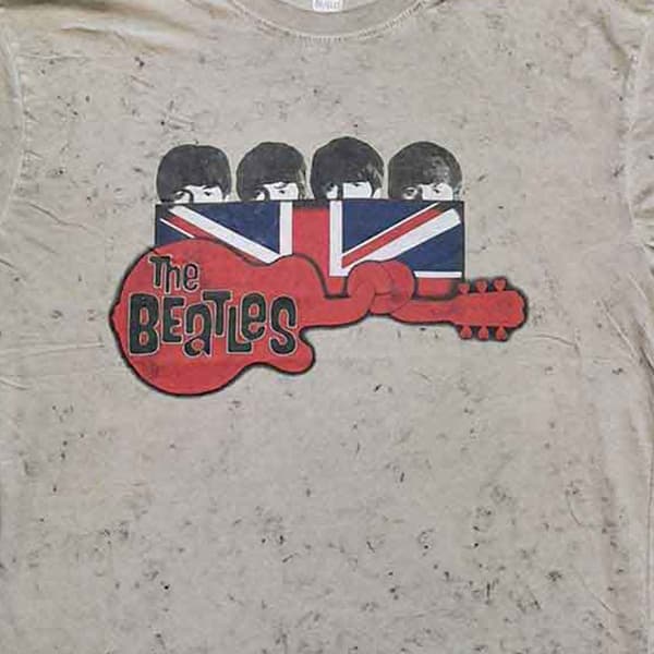 The Beatles Guitar And Flag Snow Wash T Shirt