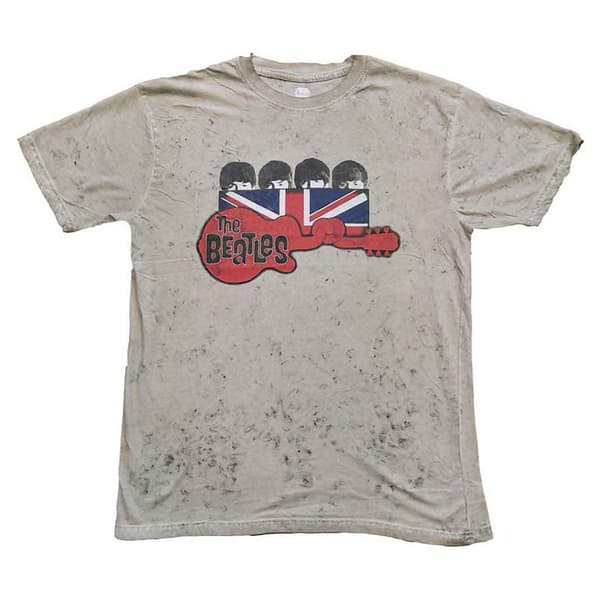 The Beatles Guitar And Flag Snow Wash T Shirt