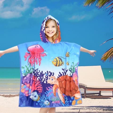 Strandponcho för barn 60x60 glad sköldpadda