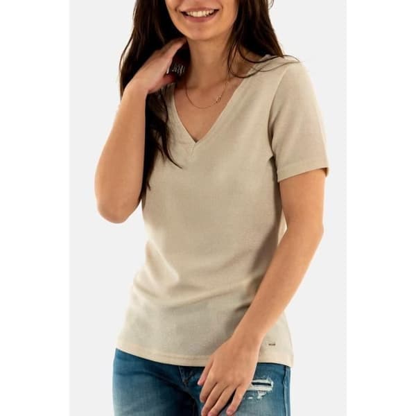 T-shirt slim Morgan 212-Diwi elfenben - V-ringning i nätstickning - Korta ärmar - Metalliska trådar