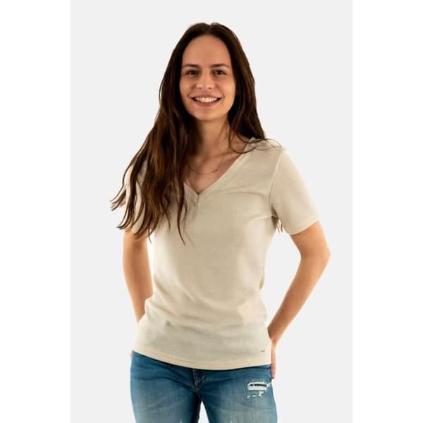 T-shirt slim Morgan 212-Diwi elfenben - V-ringning i nätstickning - Korta ärmar - Metalliska trådar