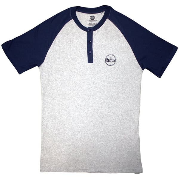 The Beatles Unisex Raglan T-Shirt: Mini Drum Logo (Grey & Navy Blue) (3 Button Collar) (Medium)