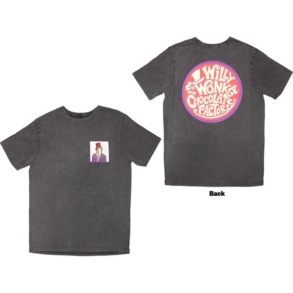 Willy Wonka Unisex Stone Wash T-Shirt: Logo Emblem (Charcoal Grey) (Back Print) (Large)