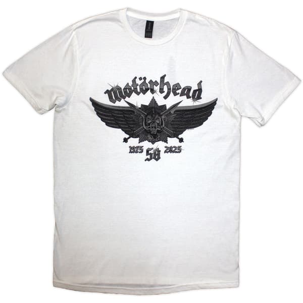 Motorhead Unisex T-Shirt: 50 Years Wings Badge (White) (Large)