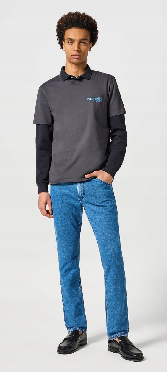 Wrangler POLO Musta pitkähihainen musta poolopaita pitkähihaisella koolla, normaali koko XXL