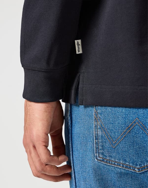 Wrangler POLO Musta pitkähihainen musta poolopaita pitkähihaisella koolla, normaali koko XXL