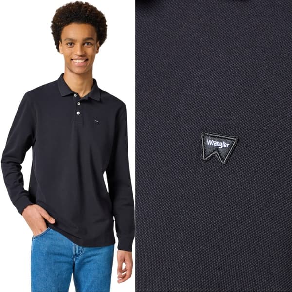 Wrangler POLO Musta pitkähihainen musta poolopaita pitkähihaisella koolla, normaali koko XXL
