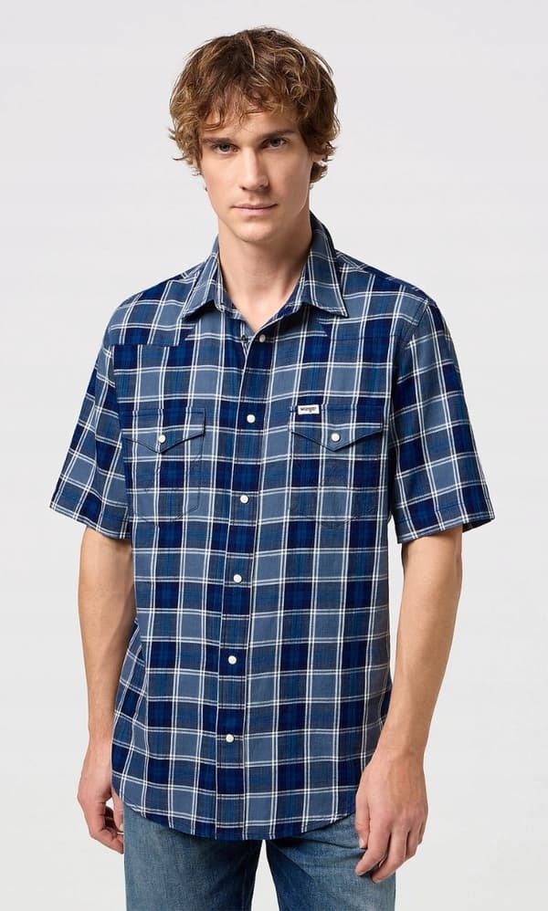 Wrangler SS WESTERN SKJORTE Blå Indigo BOMULDSSKJORTE MED KORTE ÆRMER