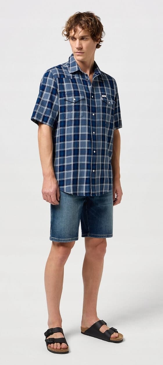 Wrangler SS WESTERN SKJORTE Blå Indigo BOMULDSSKJORTE MED KORTE ÆRMER